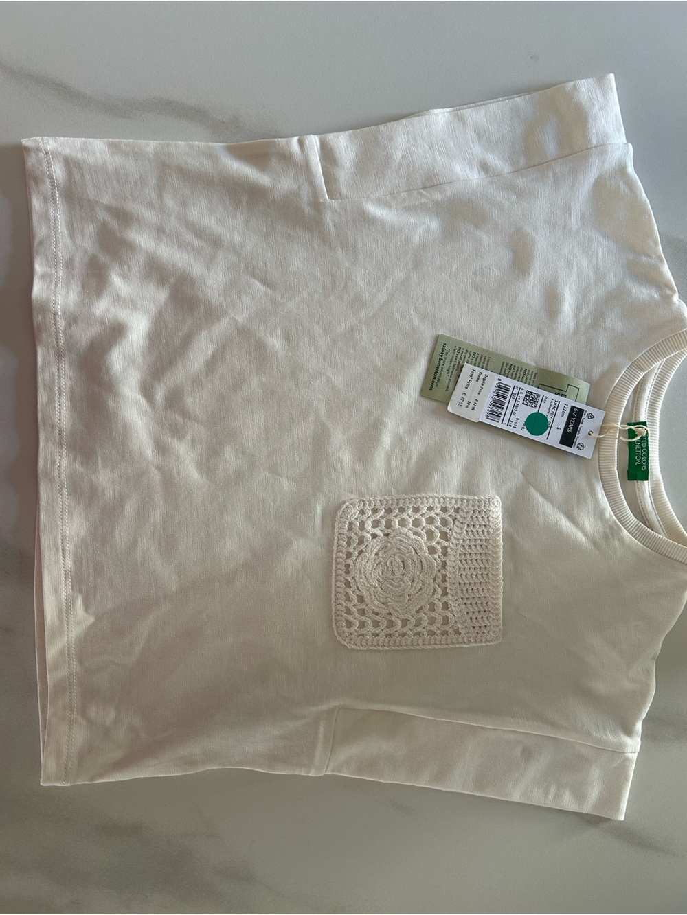 Girls United Colors Of Benetton Cream Crochet Pocket Short Sleeve Tee